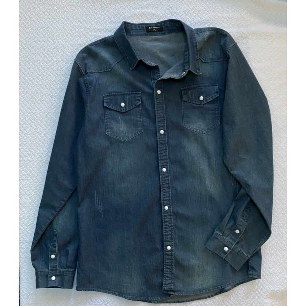 ED Express Mens XL Western Denim Shirt Pearl Snap Distressed L/S Workwear